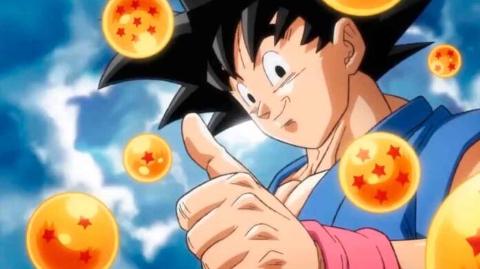 Goku con las Dragon Balls levantando el pulgar en Dragon Ball