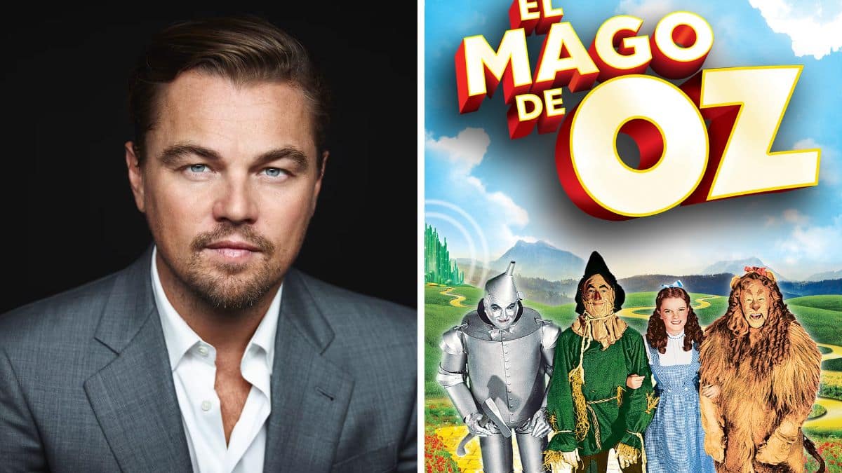Montaje de Leonardo DiCaprio junto a un cartel de 'El Mago de Oz' con Dorothy, el Espantapájaros, el Hombre de Hojalata y el León.