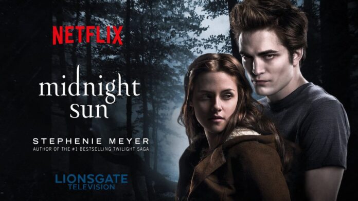 reparto-cullen-midnight-sun Póster de Midnight Sun con dos personajes centrales delante de un bosque oscuro, junto a los logos de Netflix, Lionsgate Television y el nombre de Stephenie Meyer.