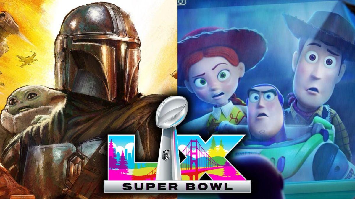 Póster de revelación de Disney mostrando a The Mandalorian y Grogu junto a los personajes de Toy Story 5 durante el Super Bowl 2026.
