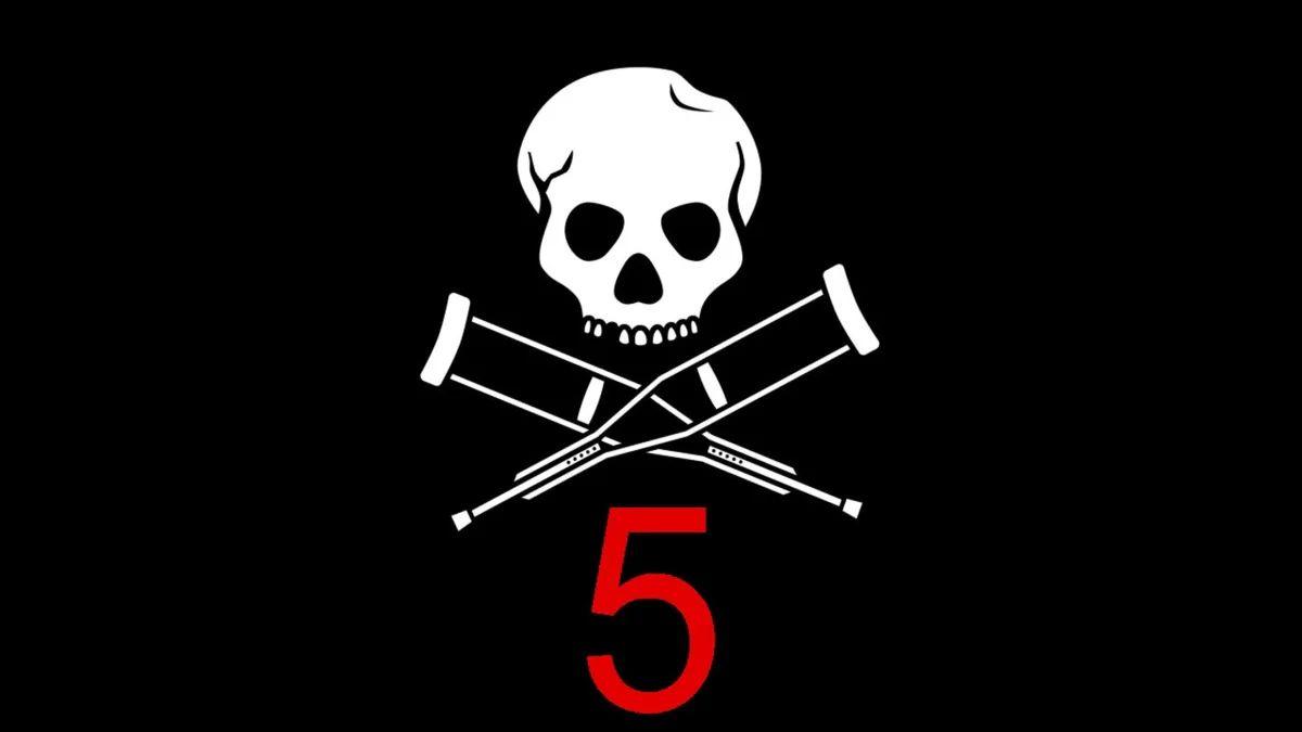 Logo de Jackass 5 con calavera y muletas en fondo negro, nuevo estreno cinematográfico de la saga