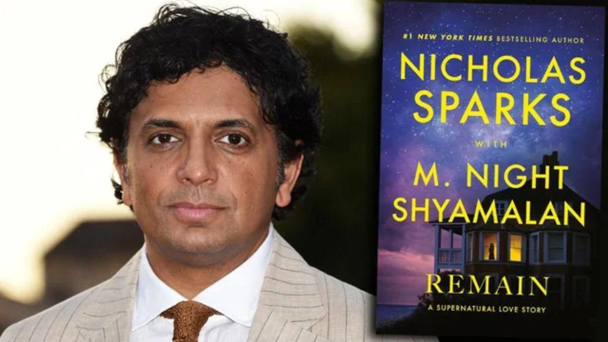 M. Night Shyamalan junto a la portada de Remain, su colaboración con Nicholas Sparks para una película de romance sobrenatural